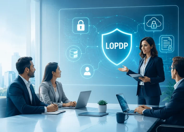 Equipo empresarial revisando el cumplimiento de la LOPDP y la protección de datos personales